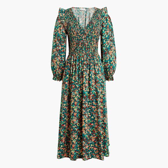 J. CREW V-Neck Smocked Ruffle Midi Dress Green Floral Sz XL {3G37} - Picture 1 of 6